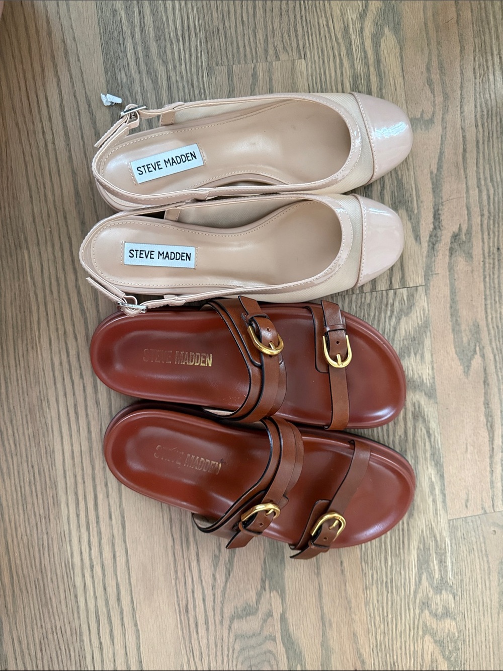 Steve Madden Nude Patent Slingback Pumps and Brown Leather Buckle Slide Sandals